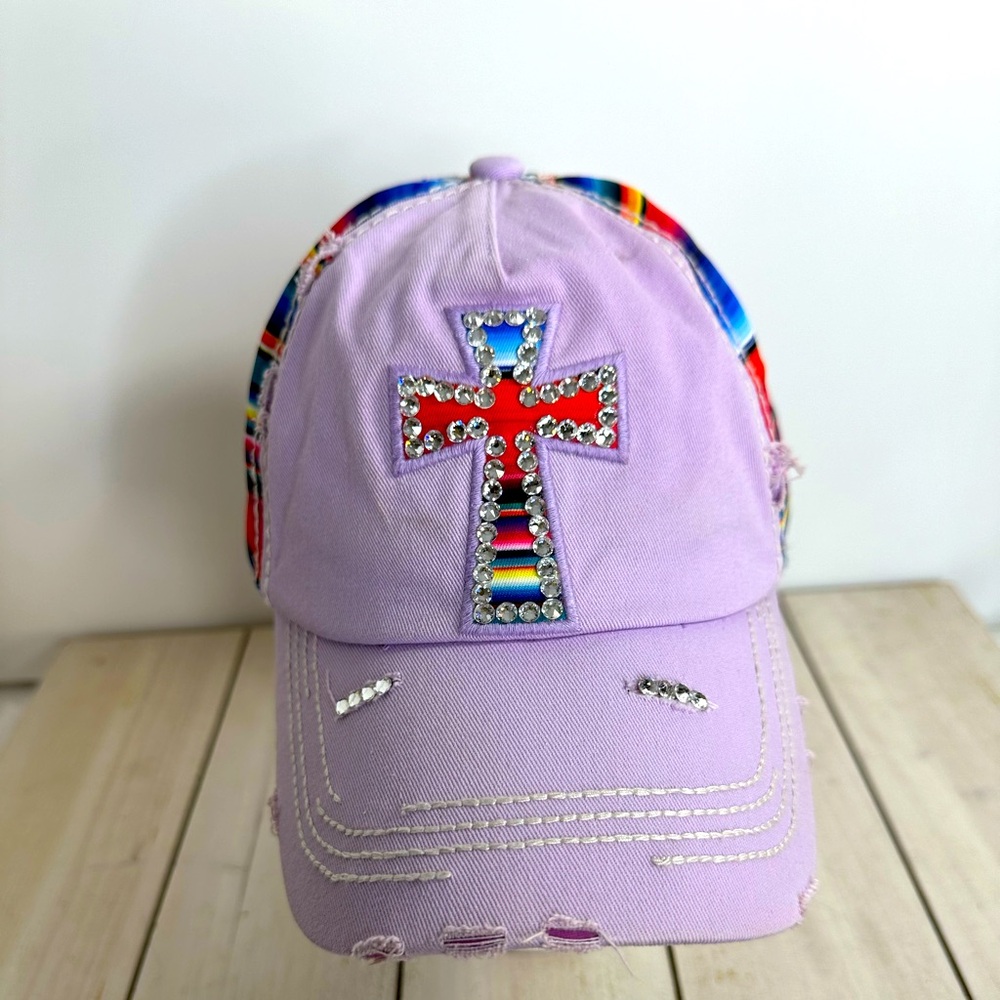 Women’s Glitzy Bella ball cap multi colored cross W/ rhinestones, distressed